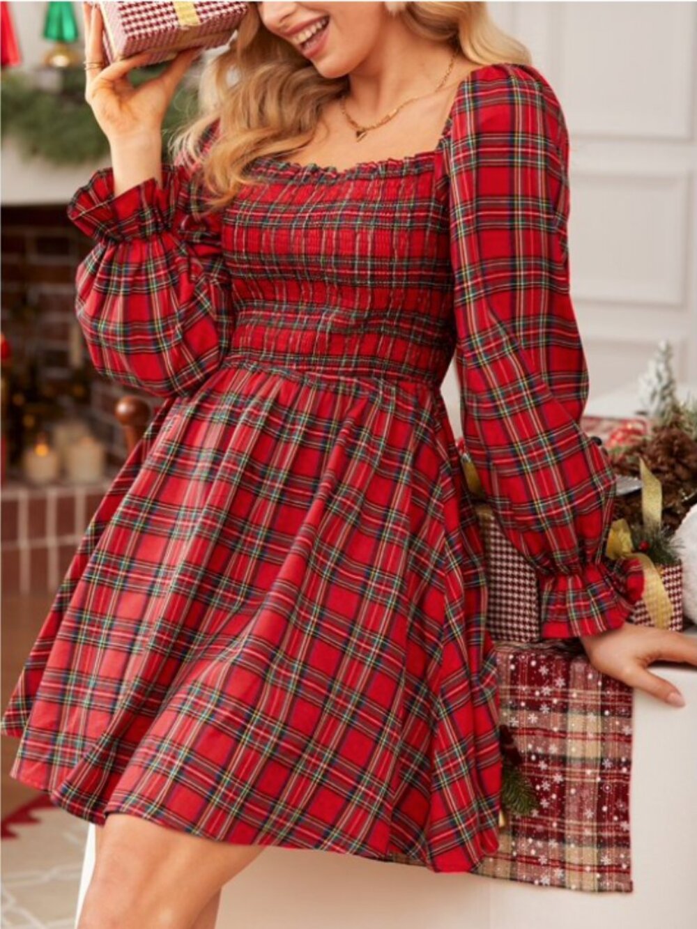 Cupshe Women's Red Plaid Square Neck Puff Sleeve Mini Dress - Picture 4 of 6